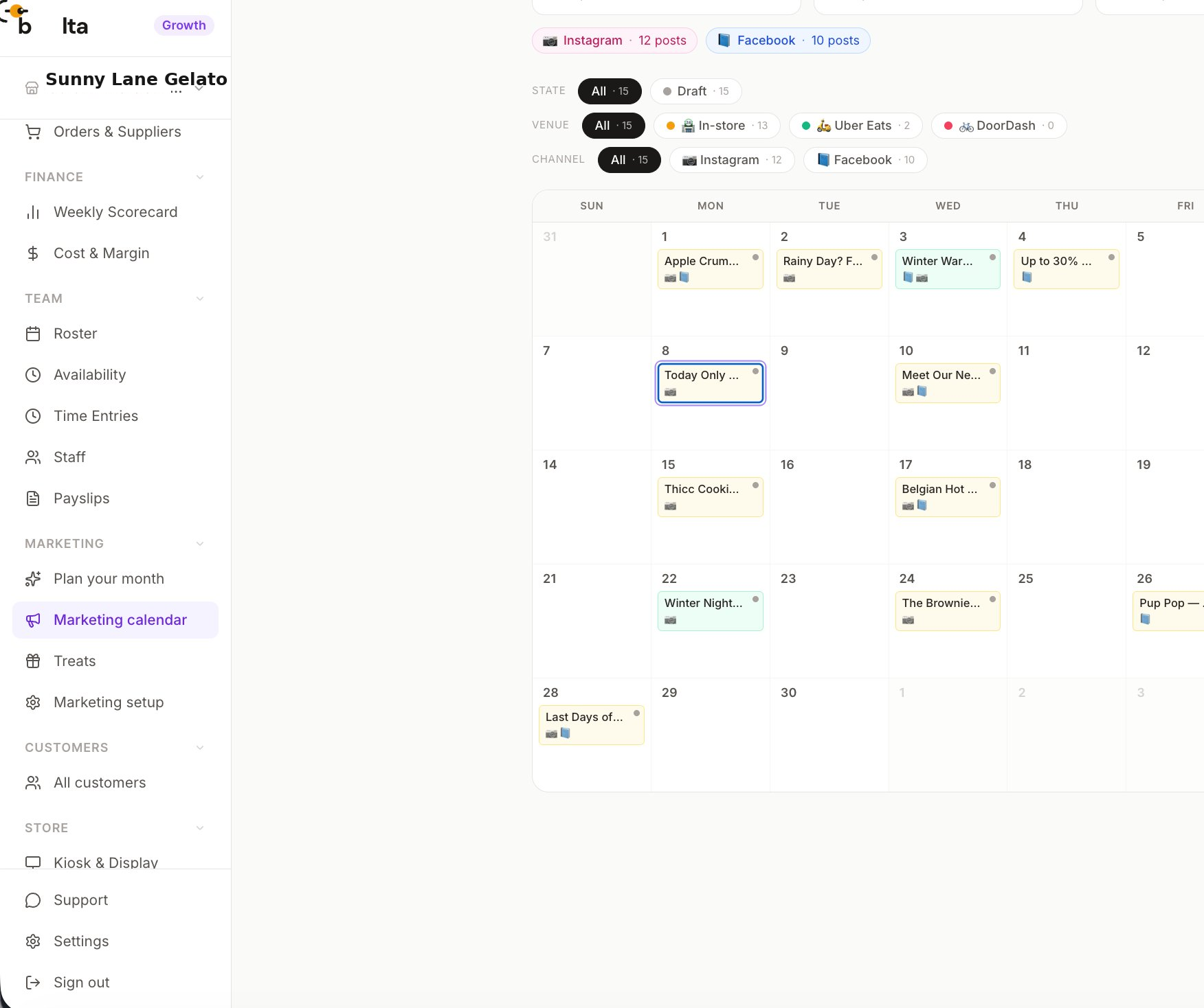 The Belta Marketing Calendar — a full month of campaigns across the weeks, colour-coded by venue, with Instagram and Facebook post counts